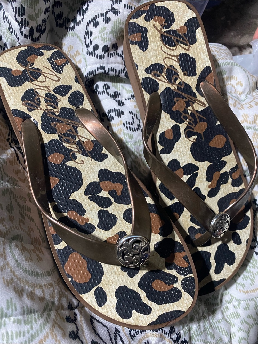 Brighton Leopard Print Flip Flop Sandals with Bronze Straps Sz 10